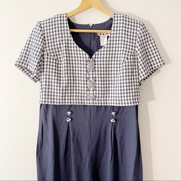 DBY Vintage 90s Jumpsuit Size 11 Navy Gingham Plaid One Piece - Picture 1 of 6